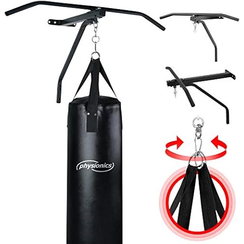 Physionics® Klimmzugstange, Boxsack und Wandhalterung im Set- Punchingsack: (ØxH) 28x83cm, 19kg, Gewebegurtbänder, Drehwirbel, Reckstange: (B) 82 cm aus Stahl, Max. Belastbar 120kg - Pull Up Bar Set Cover