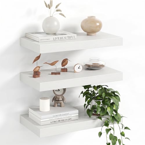 Image of Fun Memories 16Inch Floating Shelves for Wall, 8 Inch Deep Shelves for Bathroom|Bedroom|Kitchen Wall Mounted, Wood Hanging Shelf with Invisible Brackets for Home Storage Decor, White - 3 Pack
