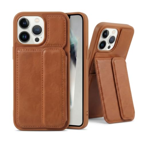 Image of amazon basics Luxury Vegan Leather Back Cover for iPhone 14 Pro | Built-in Card Holder Slot | Integrated Mobile Stand | Slim Shockproof Protective Case with Stitched Finish - Tan