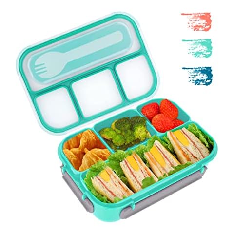 Bento Box Adult Lunch Box Kids, 1300ML-4 Compartment Bento Lunch Box Containers, Microwave & Dishwasher & Freezer Safe, BPA Free (Green) Cover