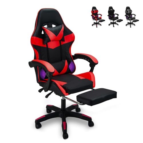 CUORY Silla Gamer Escritorio Ergonómica Reposapiés Ejecutiva | Ajuste de Altura | Reclinable Gaming Oficina Silla de Juegos de computadora con Giratorio | Reposacabezas y Almohada Lumbar (Negro/Rojo)