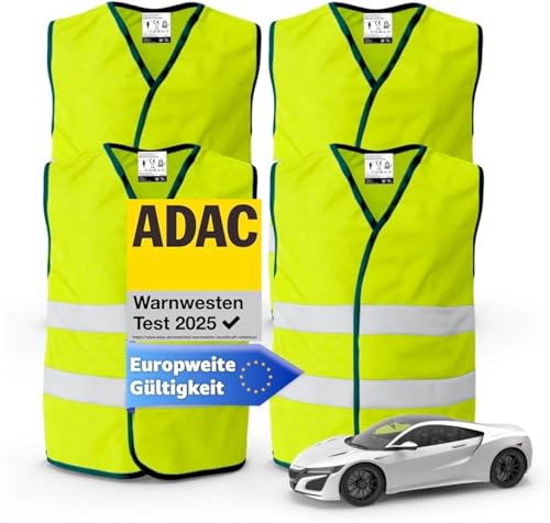 4x Warnwesten Auto 2026: Sicherheitsweste ISO20471 gelb - PKW & LKW - Reflektierende Pannen- und Unfallwesten - Autozubehör