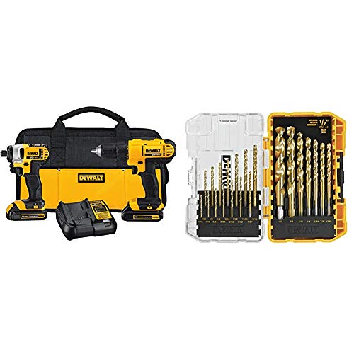 DEWALT 20V MAX Cordless Drill Combo Kit, 2-Tool (DCK240C2) & Titanium Drill Bit Set, 21-Piece (DW1342)