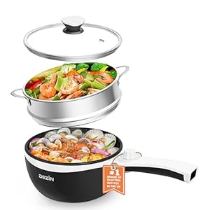Dezin Hot Pot Electric with Steamer Upgraded, Non-Stick Sauté Pan, Rapid Noodles Electric Pot, 1.5L Mini Pot for Steak, Egg, Fried Rice, Ramen, Oatmeal, Soup with Power Adjustment