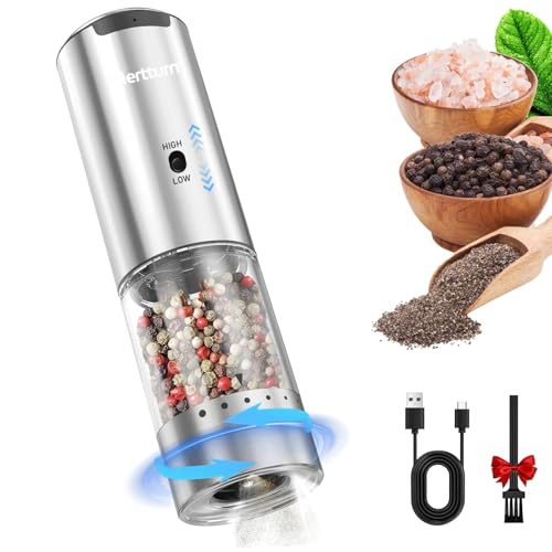 MERTTURM Macinasale e Pepe Elettrico, Macina Sale e Pepe Ricaricabile Tramite, 2 Velocità&5 Livelli di Macinatura Regolabili, Macina Pepe Auto in Acciaio Inossidabile con Contenitore Lavabile/Luce LED