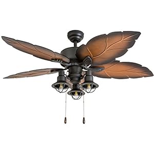 Prominence Home Ocean Crest, 52 Inch Tropical Indoor Outdoor Ceiling Fan with Light, Pull Chain, Three Mounting Options, Weather Resistant Palm Leaf Blades – 50653-01 (Bronze)