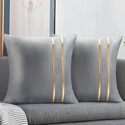 Grey Cushion Covers 45 x 45 cm Set of 2 Velvet Cushion Covers Decorative Cushion Cover with Golden Leather Striped Lines for Couch Living Room Bedroom Office Car Cover