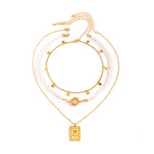 WanTu Retro simple chain stitching pearl chain necklace, 14K gold-plated necklace, star and moon initial necklace, rose pendant necklace (Rose) WanTu Retro simple chain stitching pearl chain necklace, 14K gold-plated necklace, star and moon initial necklace, rose pendant necklace (Rose)