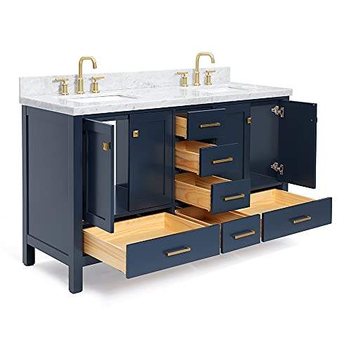 Ariel 61" Inch Midnight Blue Double Bathroom Vanity Cabinet With Rectangle Sinks And Carrara White Marble Countertop | 4 Soft Closing Doors And 6 Full Extension Dovetail Drawers | No Mirror #TOP3
