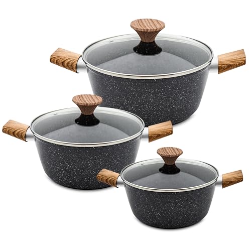AKH HOUSEWARE Non Stick Casserole Dishes with Lid Cooking Pot 5 Layer Non-Stick Coated Casserole Dishes/Serving Dishes Induction Hob Compatibility Cookware (Black, Set of 3)