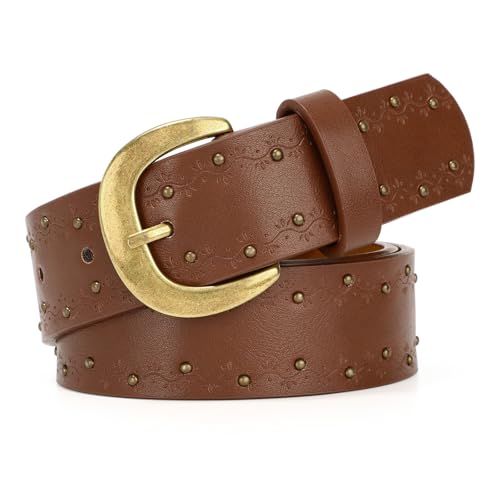VONMELLI Womens Leather Embossed Belt for Jean Pant Waist Studded Ladies Belt for Dress with Pin Buckle