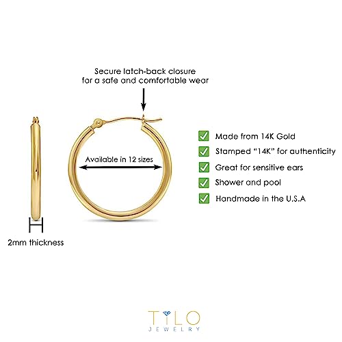 Image of 14k Yellow Gold Classic Shiny Polished Round Hoop Earrings, 2mm tube