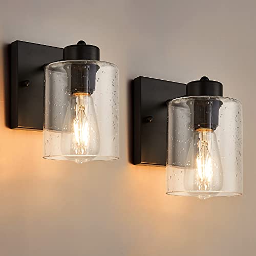 Noele Wall Sconces Set Of Two, Matte Black Vanity Light For Bathroom, Modern Industrial Wall Light Fixtures, Metal Sconces Wall Lighting With Clear Seeded Glass Shade, Farmhouse Wall Lamp For Mirror #TOP25