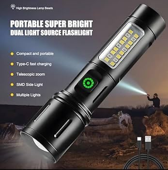 Image of High Power LED Torch Flashlight with Zoom Focus | Rechargeable Fast Charging Torch Light with High Lumens Brightness for Home, Outdoor, Camping & Emergency Use (1 Piece)