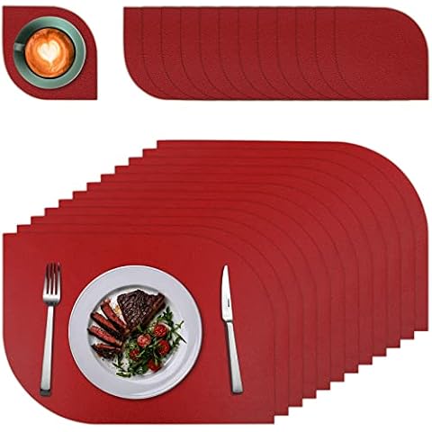 SWAWIS 6 Sets Leather Place Mats and Coasters Washable Placemats Leather Look 43 x 30 cm + 10 x 10 cm Rounded Corners Table Coasters Non-Slip Heat Resistant Placemats Red Cover
