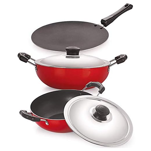 NIRLON Classic Range Non-Stick Cookware Silver Gift Set 3pcs - (Roti Tawa 28.5cm, Deep Kadai2.25L & 2.6L with Lid) Red/Black (Aluminium)