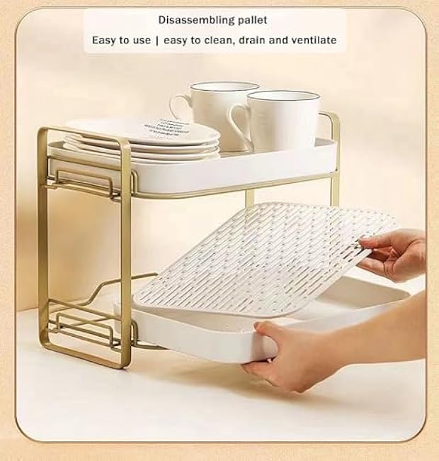 2-Tier Kitchen Shelf, Dish and Bowl Storage Organizer, Water Glass Coffee Mug Stemware Rack, Cupboard Cabinet Countertop Tray, Household Vegetable Drain Rack (White)