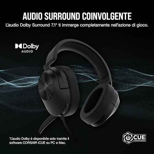 Corsair HS55 SURROUND Leggera Cuffia da Gioco Cablata Multipiattaforma - Dolby 7.1 Suono Surround - Compatibile con iCUE - PC, Mac, PS5, PS4, Xbox, Nintendo Switch, Mobile - Carbonio - Immagine 1