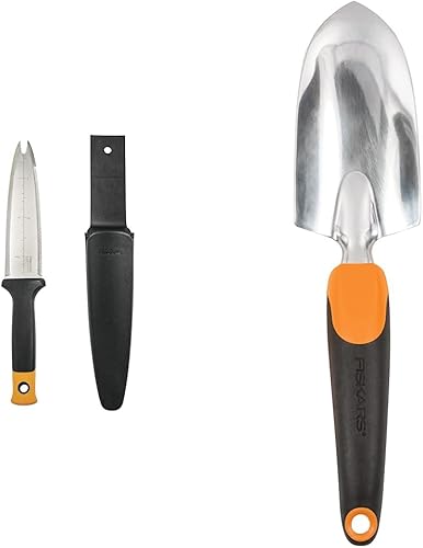 Fiskars 340130-1001 Cuchillo Hori de jardín con funda, paleta de mano de jardinería negra y Ergo - Diseño de mango ergonómico con orificio para