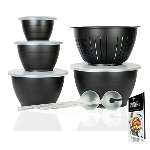 Thiru Premium Salatschüsseln - Rührschüssel Set 6 Teilig 0,6L/1,3L/2,5L/4,4L - mit Deckel, Seiher, Salatbesteck - Mikrowellengeeignet - große Schüsseln BPA-frei - inkl. E-Book mit 50 Salat Rezepten
