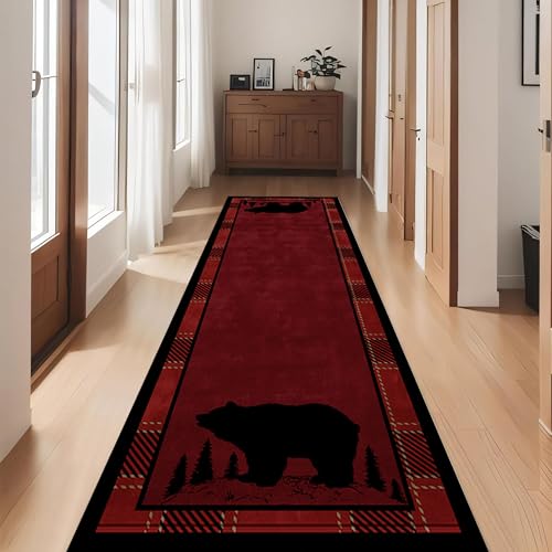 Lodge-Cabin-Black-Bear-Runner-Rug-2x7ft-Wildlife-Bear-Forest-Woodland-Hallway-Rugs-Red-and-Black-Buffalo-Plaid-Border-Long-Runner-Non-Slip-Washable-Farmhouse-Floor-Mats-for-Kitchen-Bedroom Lodge Cabin Black Bear Runner Rug 2x7ft Wildlife Bear Forest Woodland Hallway Rugs Red and Black Buffalo Plaid Border Long Runner Non Slip Washable Farmhouse Floor Mats for Kitchen Bedroom
