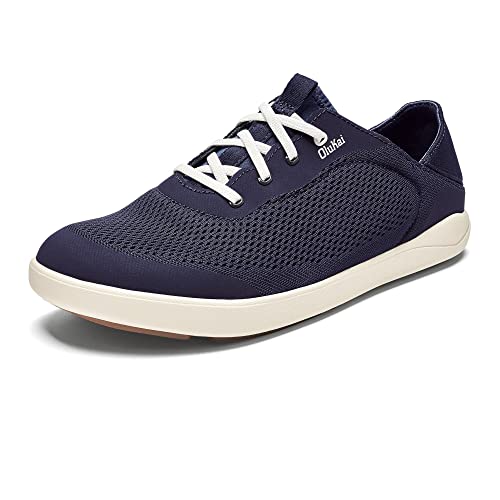 OLUKAI Moku Pae Men's Boat Shoes, No Tie Laces & Stretch Construction, Lightweight & Breathable Mesh, Comfort Fit & Wet Grip Rubber Soles, Trench Blue/Off White, 11