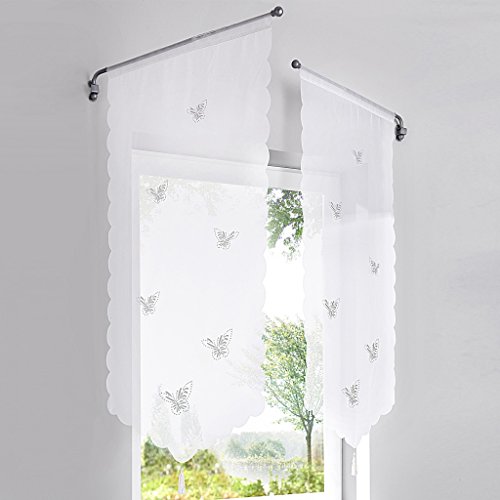 HongYa 1 Pièce Rideau Brise Bise Motif de Papillon Transparent avec Cordon de Serrage Passe Tringle Frange à Pompon Blanc H/L 120/60cm Cover