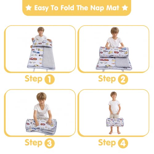 Image of Viviland Toddler Kid Nap Mat for Preschool, Boys Grey Race Car Slumber Bag, Daycare Sleeping Bag with Pillow and Blanket, Kindergarten Sleep Mat