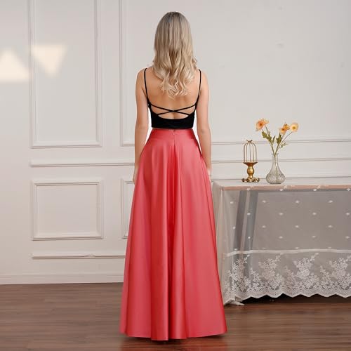 Women's Long Fashion Formal Prom Party Skirt A-Line Floor Length Satin Skirts with Pockets3