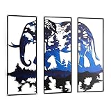 3 Pcs Metal Wall Art Decor, Abstract Elephant Wall Hanging Decor, Modern Minimalist Wall Art Metal Elephant and Forest Wall Decorations for Living Room Kitchen Bathroom Bedroom Bathroom Office (Black and Dark Blue)