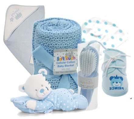 New Baby Boy Bundle 2, Hooded Towel, Cotton Blanket by Soft Touch, Baby Brush & Comb Set, Blue Polka dot Baby hat, First Shoes & a Blue Baby Bear by Keel Beautifully Backed in a Drawstring Bag