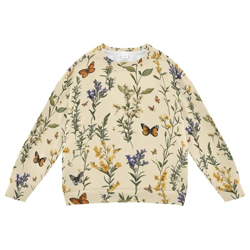 JUNZAN Retro Butterflies Herbs Beige Kids Girls Sweatshirt Hoodie Long Sleeve Outerwear for Kids Camping 4T