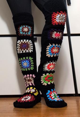 Granny Square Crochet Leg Warmers, Thigh-High Knit Stockings in Black Multi Cozy Winter Leg Warmers for Women2