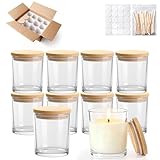 YJHSS 10oz Glass Candle Jars, 12-Pack Candle Jars for Making Candles, Empty Thick Glass Wide-Mouth Jars with Bamboo Lids & Wick Kits, Candle Containers Bulk - Clear