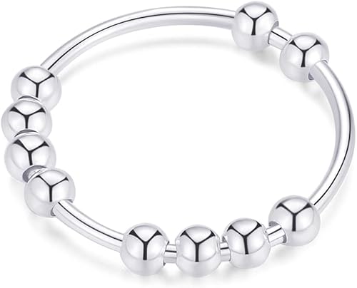 Jacruces 925 Sterling Silver Anxiety Ring for Women Men Fidget Rings for Anxiety Anxiety Ring with Beads Spinner Ring for Anxiety Spinning Ring