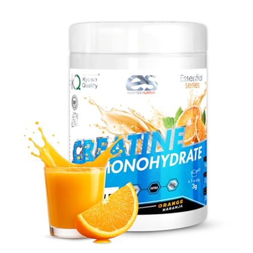 ESSENTIAL NUTRITION - Creatina Monohidratada | Aumenta la Fuerza y Masa Muscular | Mejora el Rendimiento Físico | 3 Formatos & 4 Sabores (100 gr, Naranja)