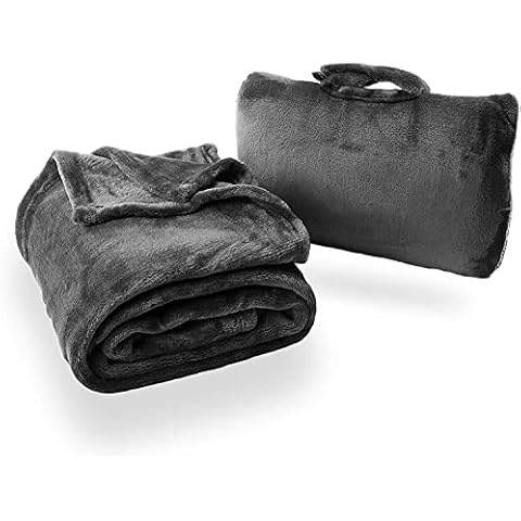 Cabeau Fold ‘n Go Travel and Throw Blanket Plus Compact Case - for Home and Travel - Doubles as Lumbar Pillow and Neck Support Pillow - French Microfiber Comfort - Charcoal Cover