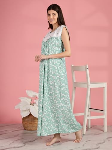 Image of 9shines Label Cotton Sleeveless Nighty | All Over Print Maxi Night wear for Women | Full Length Night Gown Night Dress for Women Stylish (Cotton Sleeveless 25)