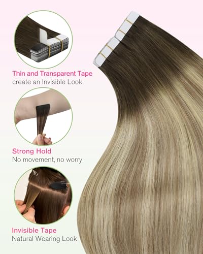 Image of YoungSee Hair Extensions Tape in Ombre, Tape in Extensions Balayage Brown with Blonde, Tape ins Human Hair Extension, Short Straight Hair, 12In 30g 20pcs