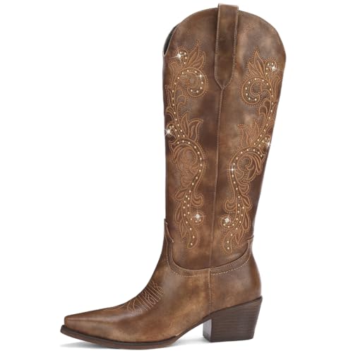 Cowboy Boots for Women Wide Calf Cowgirl Boot Embroidered Western Square Toe Chunky Heel with Studs Pull On Knee High Retro Fall Fashion Shoes4
