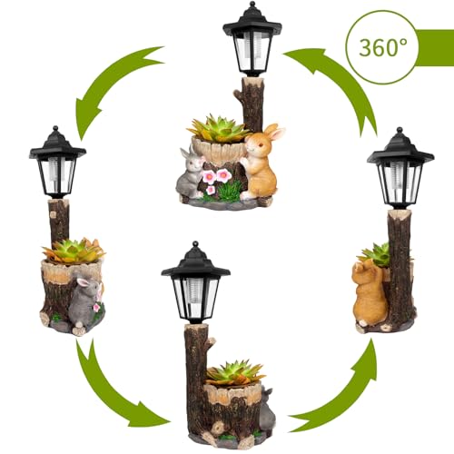 YEPOTUE Solar Bunny Garden Stalue Outdoor, Rabbits Figurine Flowerpot Decolwith Solar Lantem for Yard Art Lawn Ornaments Porch Patio Balcony - GardeningGifts for Women Mom - Image 3