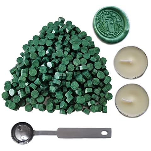 Sealing Wax Beads, AMTOL 300 Pcs Wax Sealing Beads with 2 Pcs White Candles and 1 Pcs Wax Melting Spoon, Great for Wedding Invitations,Cards Envelopes, Gift Wrapping (Pine Green) Cover