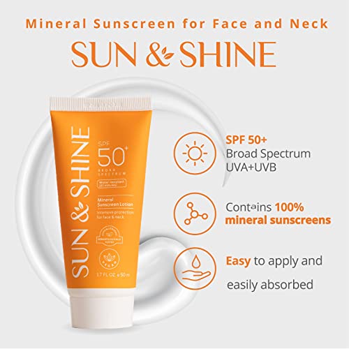 Sun & Shine Mineral Sunscreen Lotion: Spf50 Broad Spectrum Uva Uvb, Face Neck Protection, Sunburn Cream Zinc Oxide, Sensitive Skin, 1.7 Oz #TOP2
