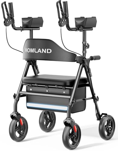 Upright Walkers for Seniors, Stand Up Rollator Walker with Adjustable Padded Armsupport & Seat, Folding Rolling Walker with 8'' Wheel Suitable for All Terrain, Black