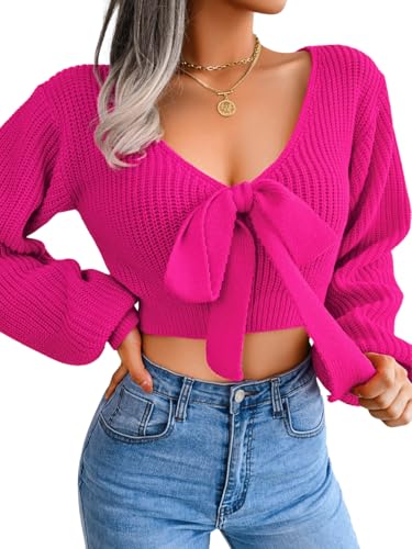 Sexy Deep V Bow Cropped Sweater, Knit Lantern Long Sleeve Crop Top, Cute Fall Outfits for Women Date Casual Going Out