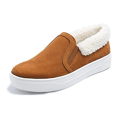 Feversole Women's Fashion Slip-On Trainer Casual Flat Loafers,Comfort Cozy Winter Warm Loafer Low Top Boot Faux Camel Suede Sheerling Size 7 Cover