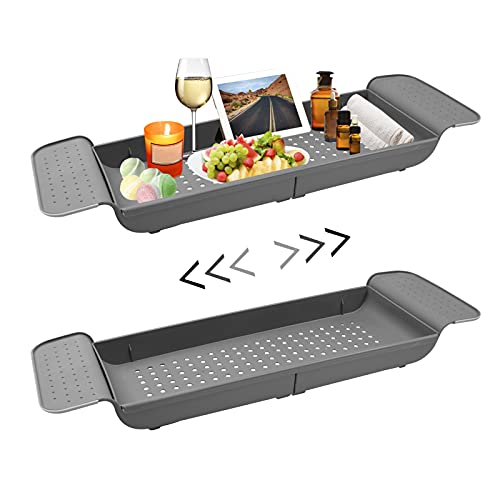 Image of 2 Pack Bathtub Tray Expandable Bath Tray Caddy for Bathtub, LASZOLA Adjustable Bath Tub Tray Table Non-Slip Bath Shelf Caddy Multifunctional Plastic Bathtub Storage Rack for Book Wine (Grey)