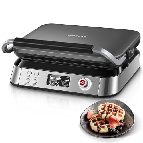 AMEGAT Waffeleisen 1600W, Waffeleisen Belgische Waffel Doppelt, 5 Programme & 7 Bräunungsstufen, Digitales Display, Countdown Timer, Textureinstellung,...