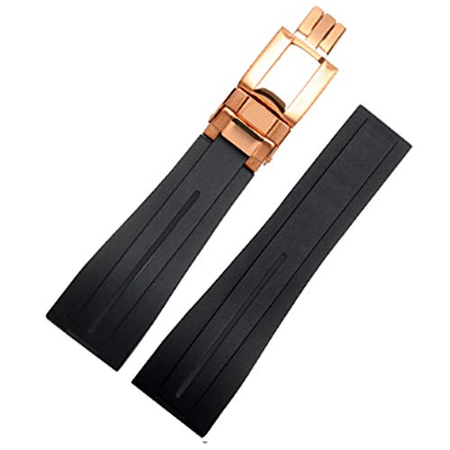 20mm/21mm Rubber Watch Strap Band Deployment Buckle Replacement fits Rolex Yacht Master Oysterflex Submariner GMT Daytona 5513/16800/14060/16610/16613/14060M (20mm, Blackï¼ˆRose Gold Buckleï¼‰)