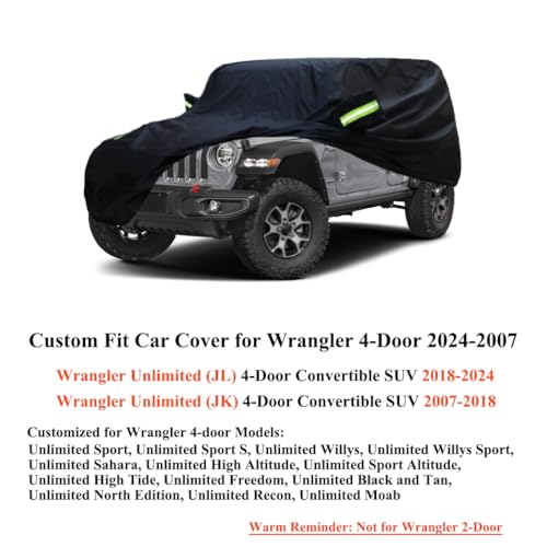 Image of Waterproof All Weather Car Cover Compatible with Jeep Wrangler 4Door 2026-2007, Custom Snow Rain Sun UV Outdoor Cover with Cotton Lining for Wrangler Unlimited 4 Door JL JK, Heavy Duty Covers